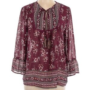 Artesian Boho Floral Print Long Sleeve Blouse Top on Burgundy Background Size M